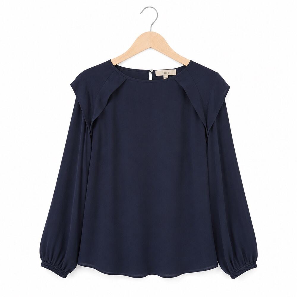 LOFT Navy Ruffle Shoulder Long Sleeve Blouse Large
